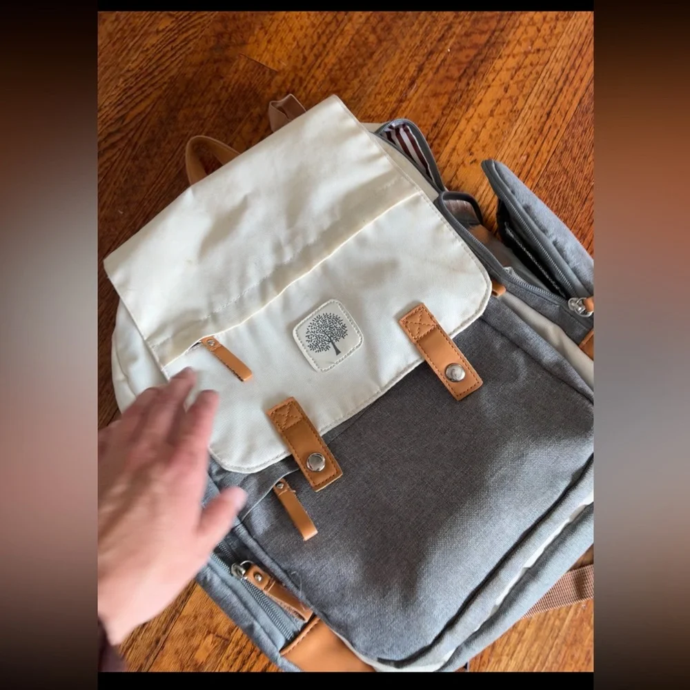 Cream and Gray Diaper Bag Backpack with Tan Accents- Parker Baby Co.
